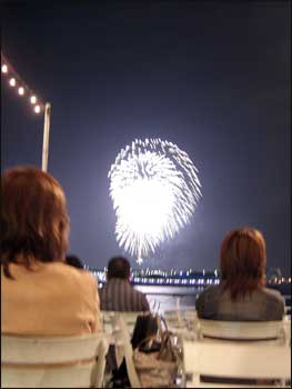 氷川丸船上のビアガーデンから見た横浜開港祭の花火